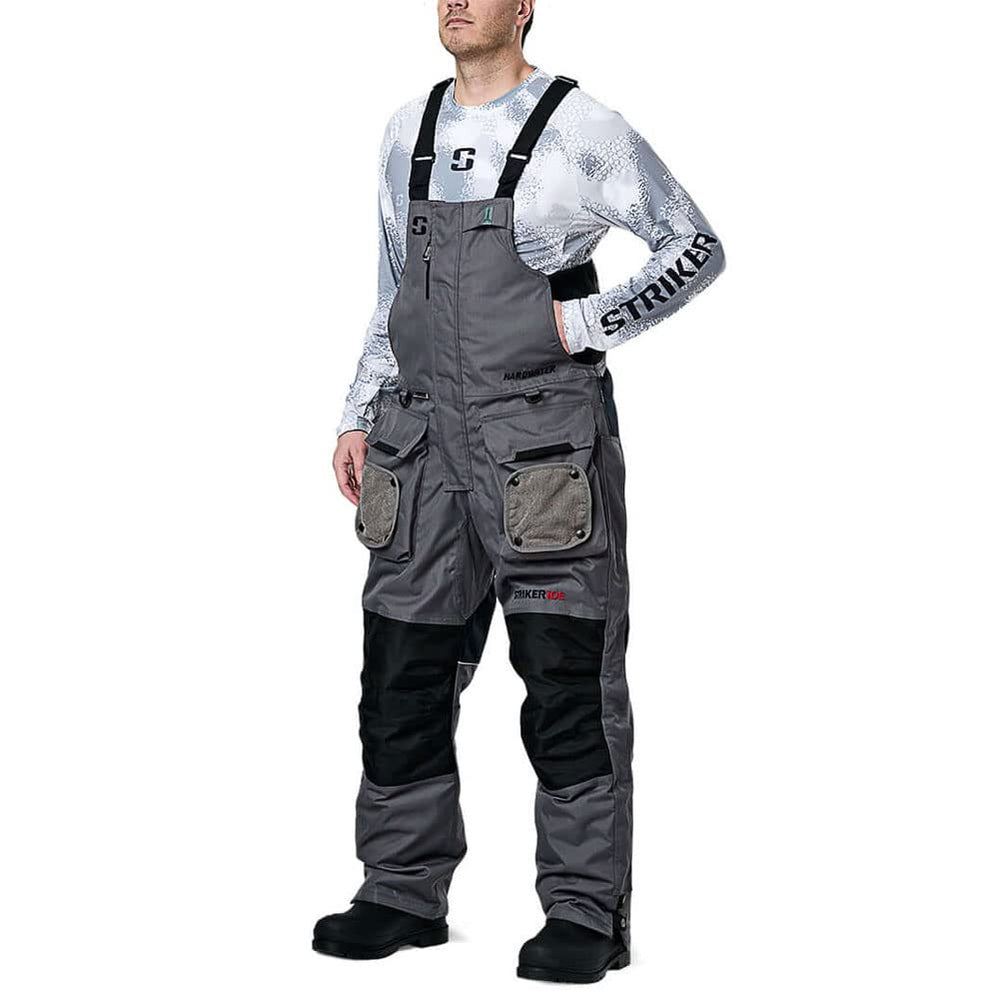 Side view of Striker Hardwater bib with adjustable inseam and cuffs