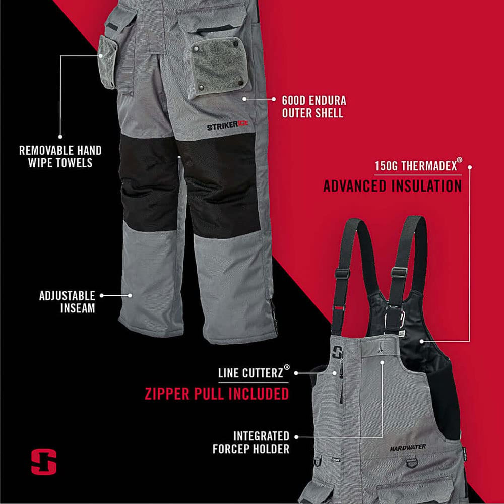 Striker Hardwater bib insulation panel shows Thermadex warmth for cold days.