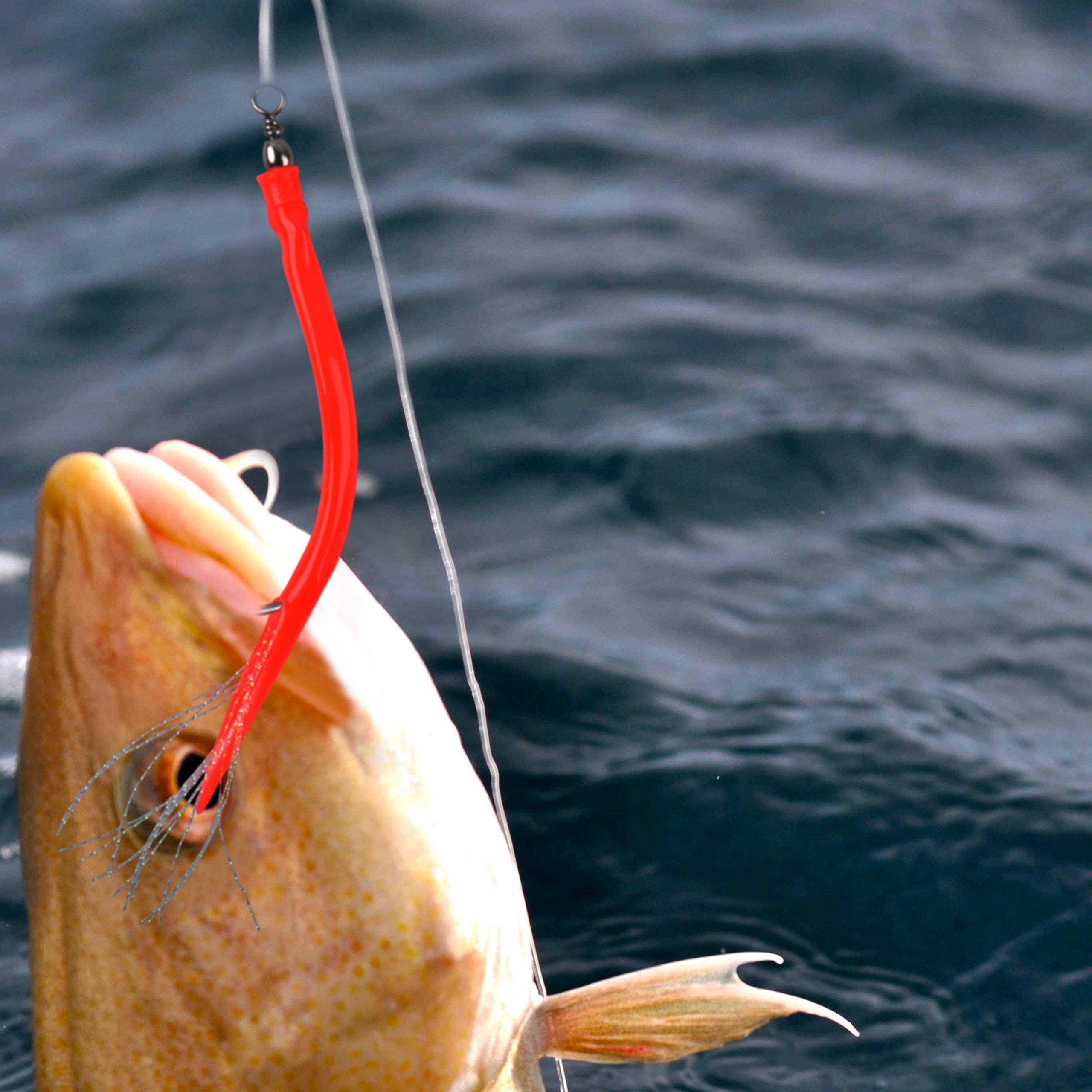 Angler using trolling lure for striped bass at sea