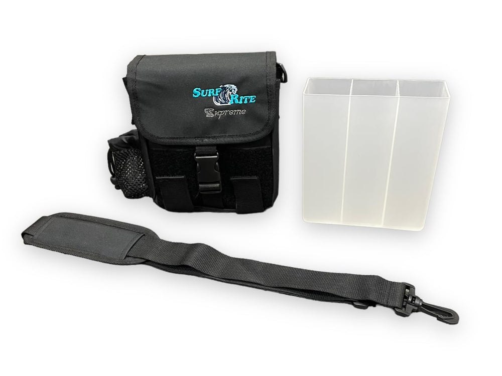 Striper Supreme small surf tackle bag side pocket open, organized storage for pliers and tools