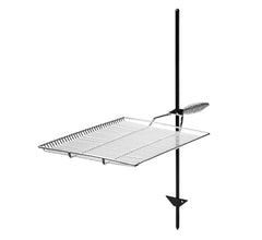 Stromberg Carlson campfire grill grate stake demonstrates adjustable height for open-fire cooking.