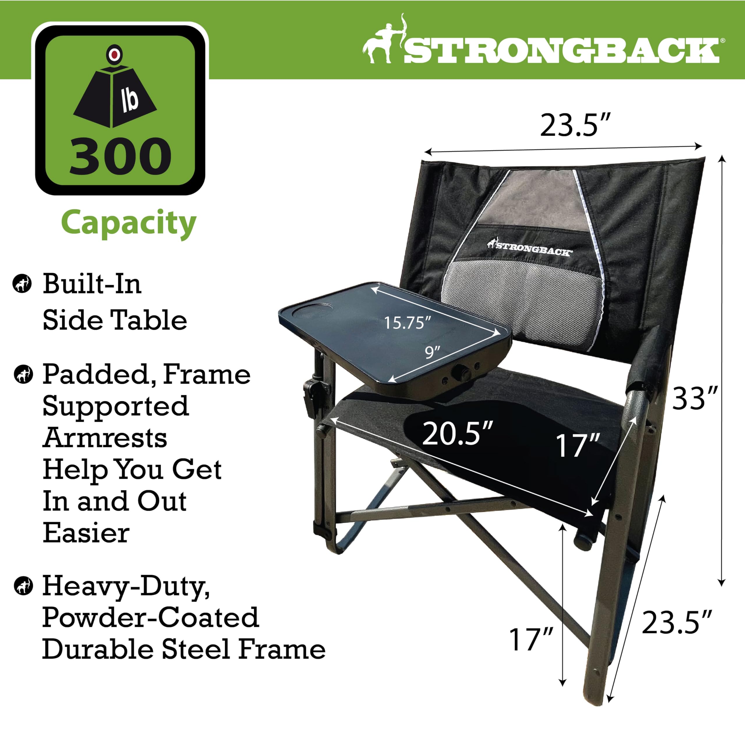 STRONGBACK camping chair with attached side table, ideal for meals outdoors.