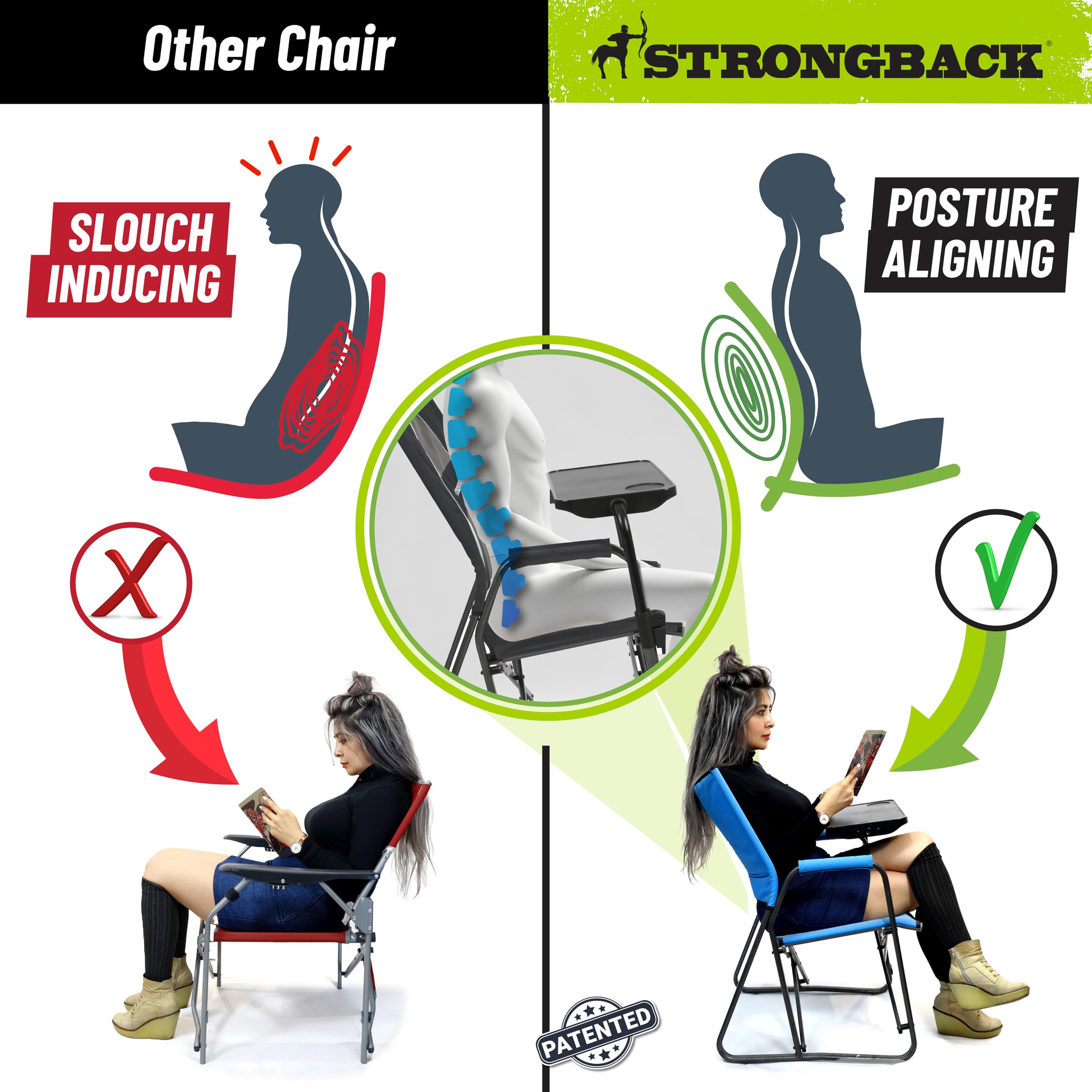 STRONGBACK foldable chair features heavy-duty frame for stable tailgates and picnics.
