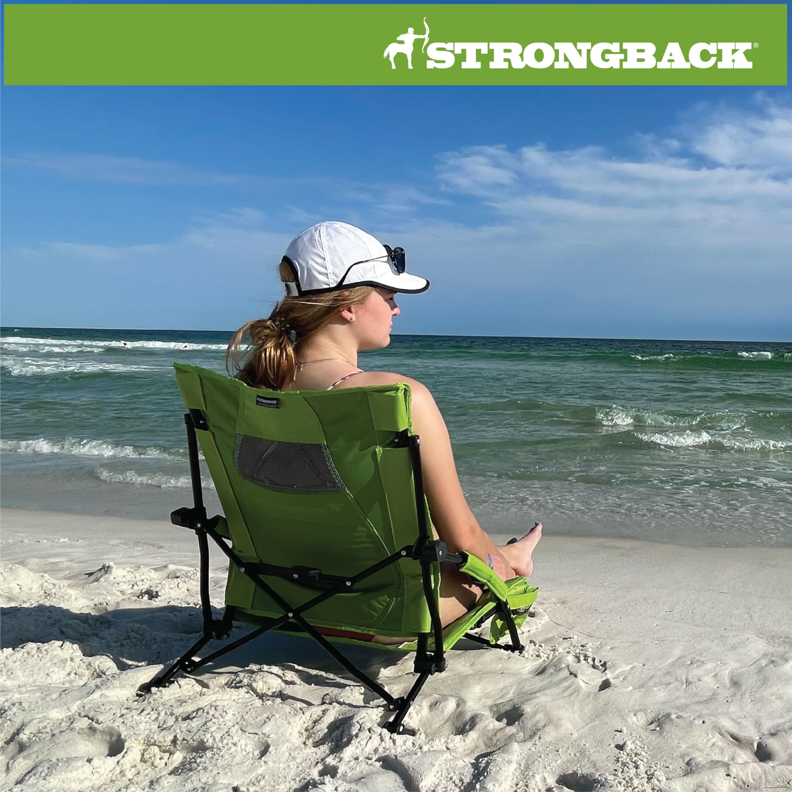 STRONGBACK Low Gravity Beach Chair built-in cup holder for beverages.