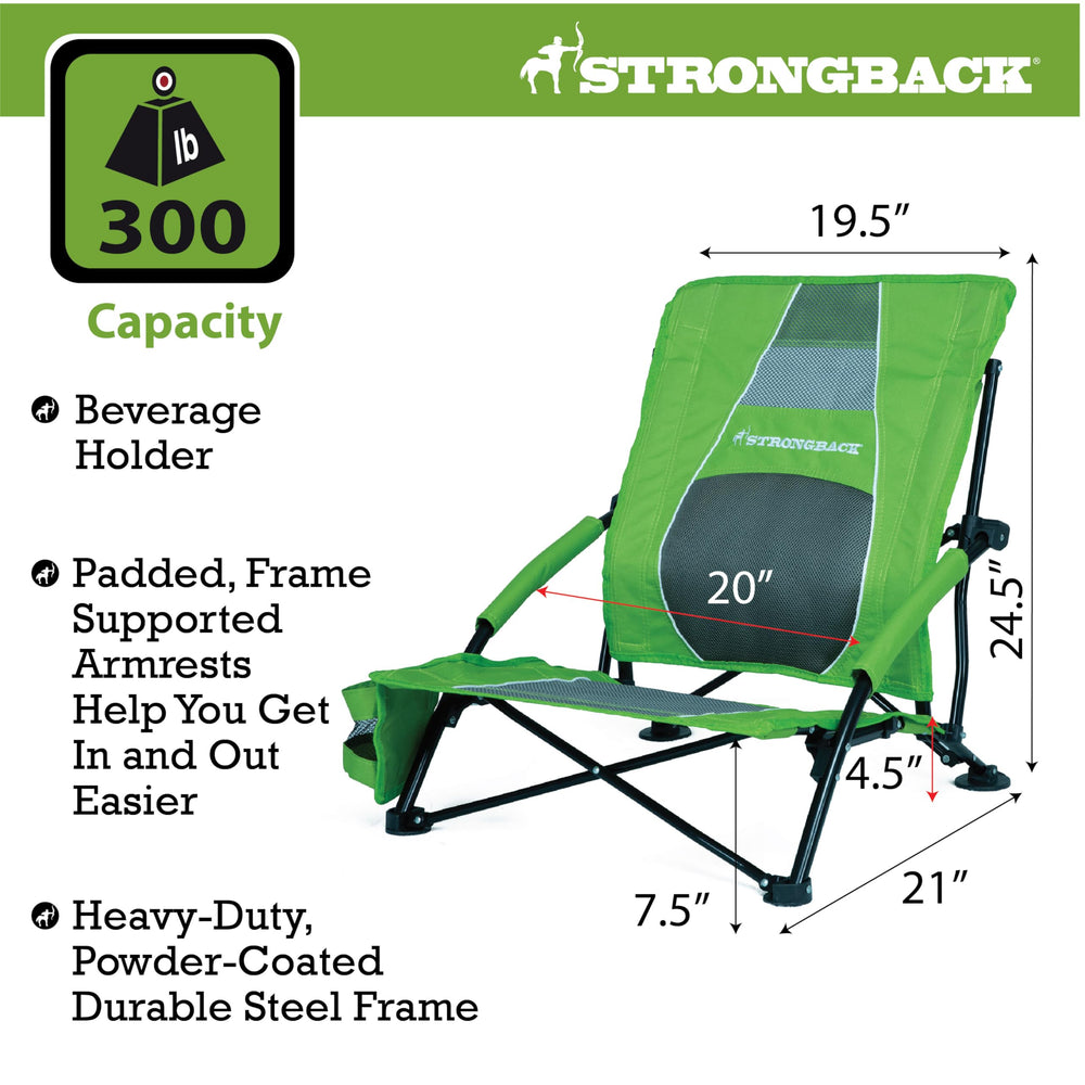 STRONGBACK Low Gravity Beach Chair side view shows stability on sand.