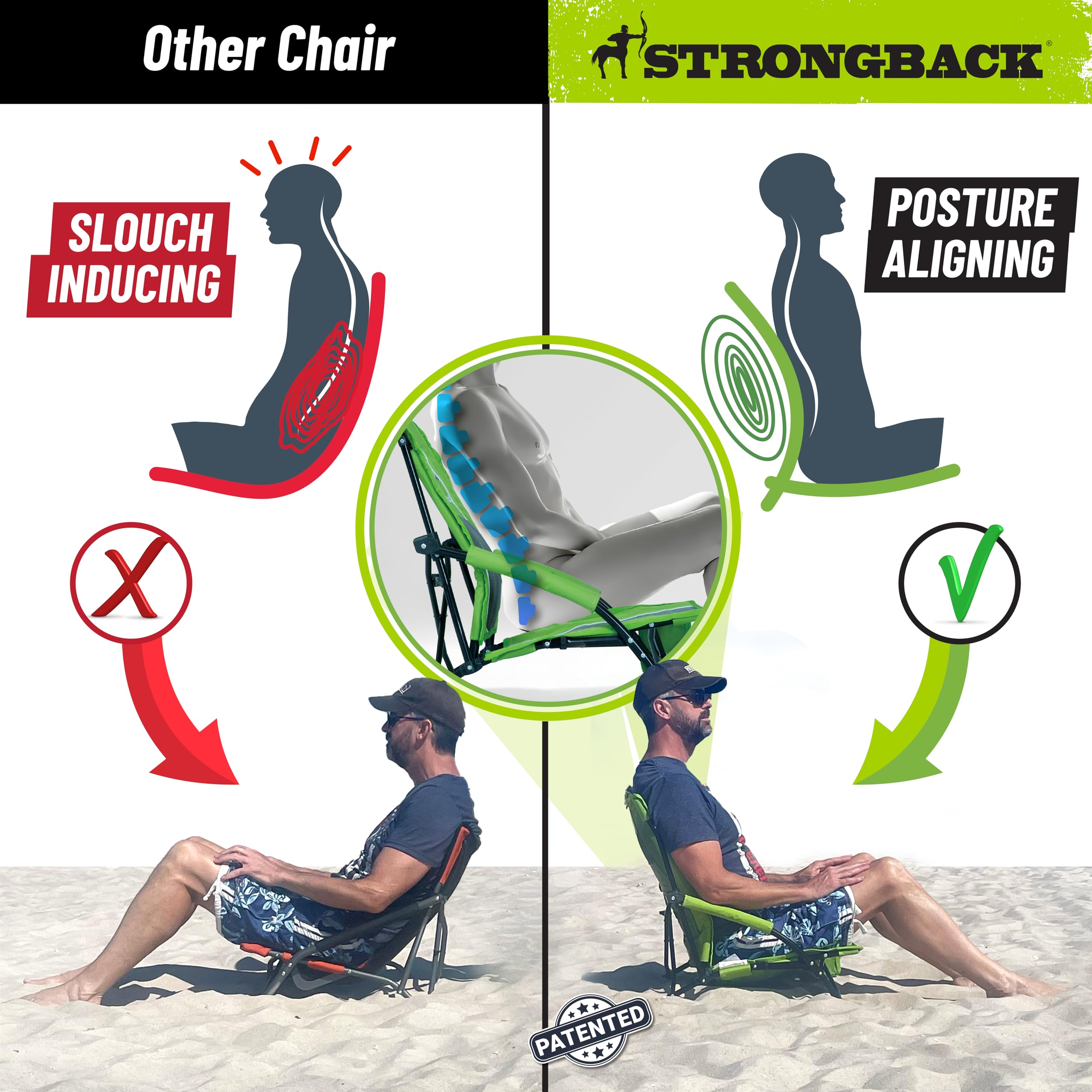 STRONGBACK low gravity chair 20 inch seat on sand demonstrates surface stability.