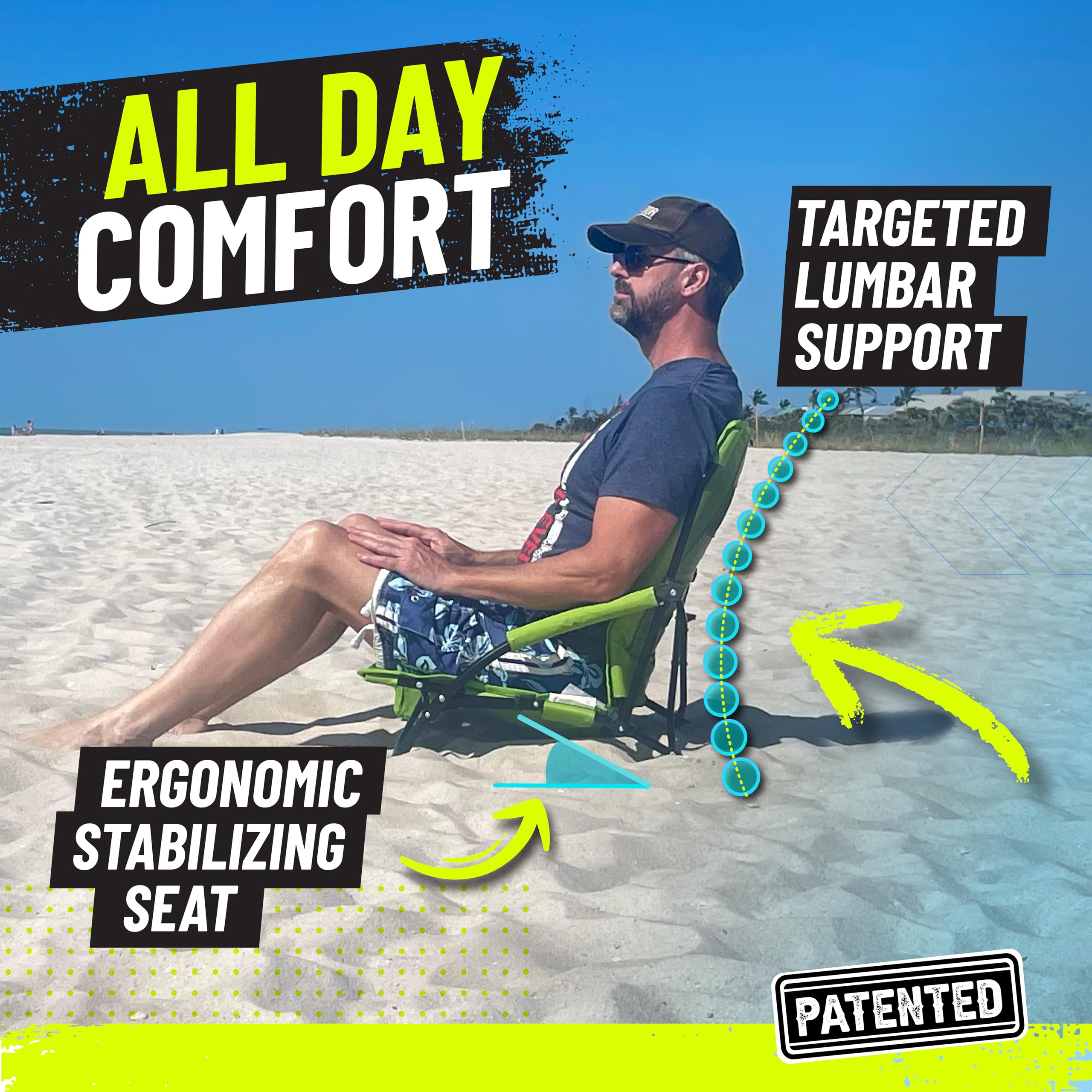 STRONGBACK low gravity chair cup holder and armrests for convenient beach use.