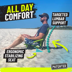 STRONGBACK low gravity chair cup holder and armrests for convenient beach use.