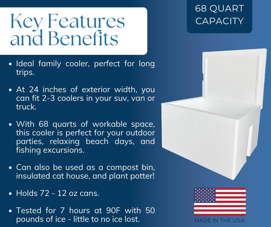 Styrofoam Ice Chest 68 qt recyclable packaging; made in the USA.