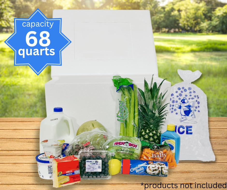 Styrofoam Ice Chest 68 qt portable lightweight design for picnics and camping.