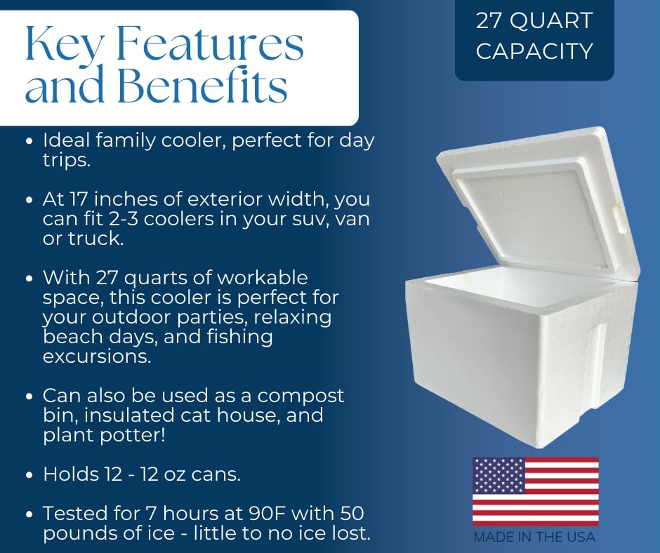 Styrofoam Ice Chest portable with handles for easy transport.
