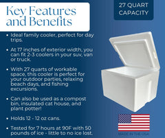 Styrofoam Ice Chest portable with handles for easy transport.