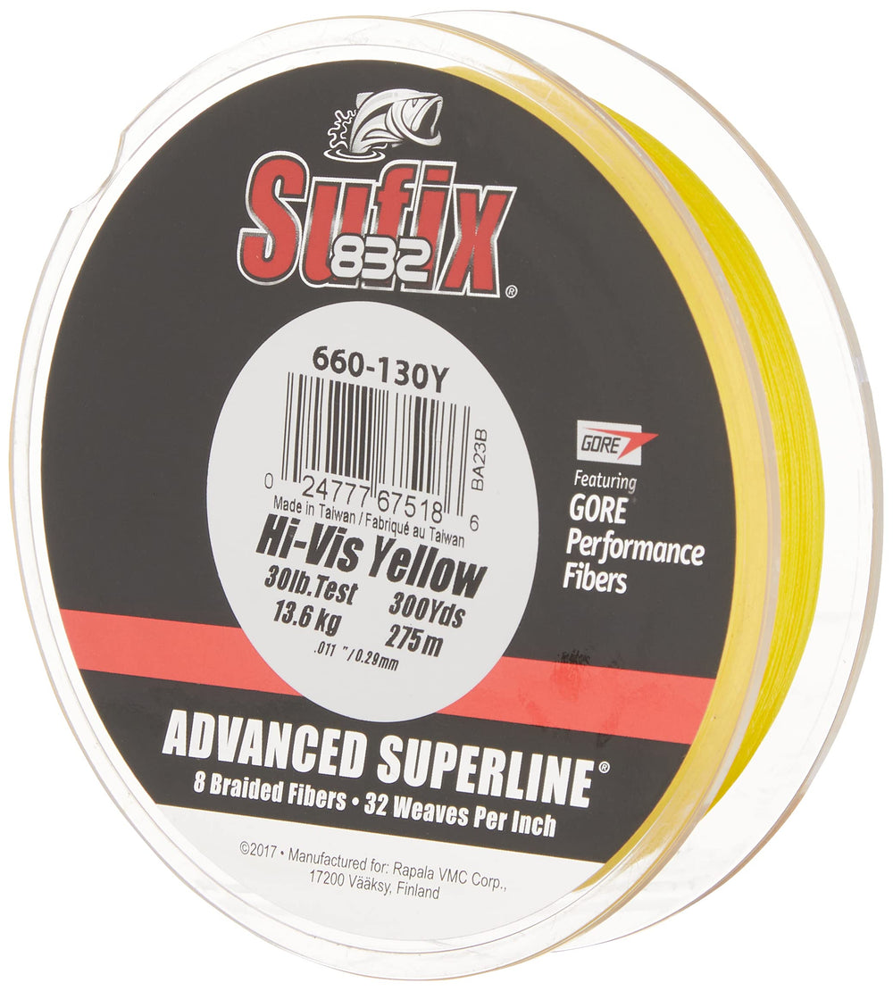 Sufix 832 Advanced Superline Braid Hi-Vis Yellow 20 lb 300 yd spool close-up