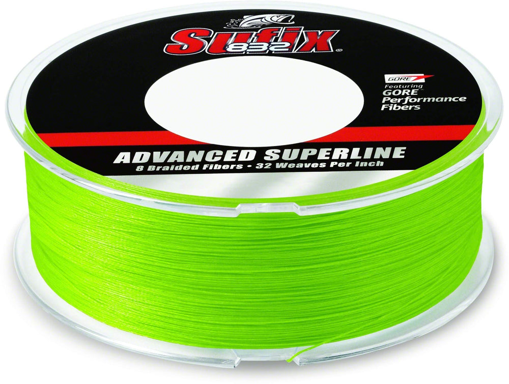 Sufix 832 Braid 15 lb Neon Lime spool for high visibility and reliable strength.