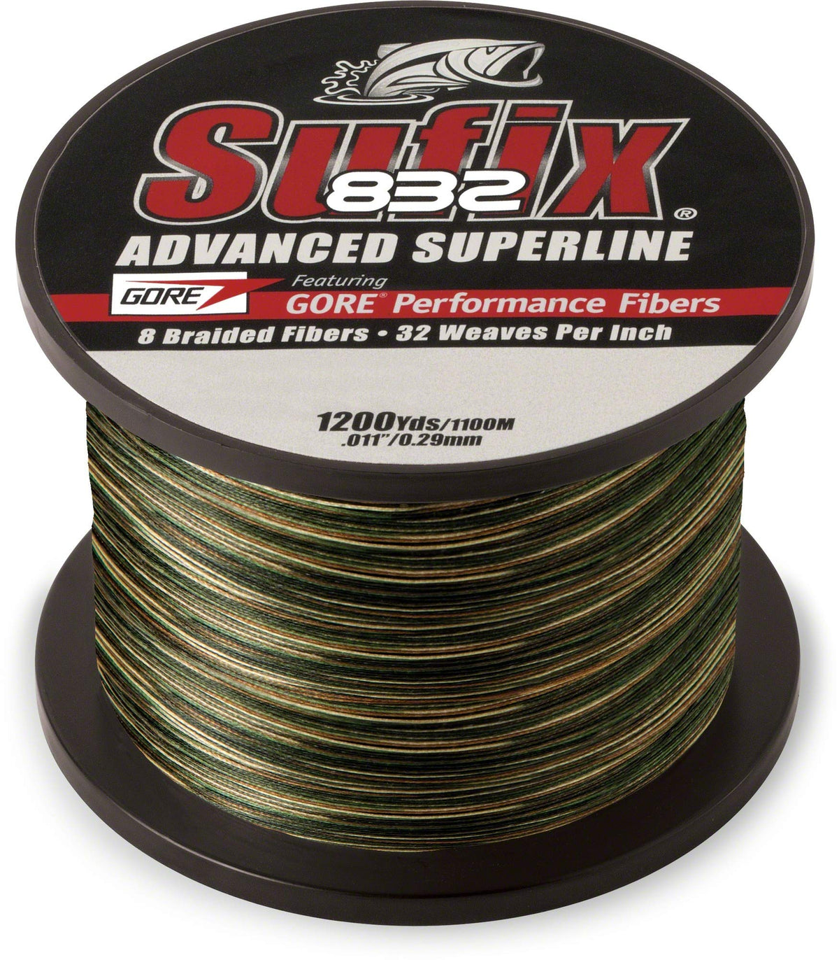 Sufix 832 Braid in camo, 20 lb test, 1200 yards, enhances stealth casting
