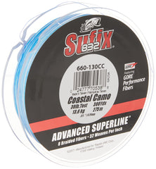 Sufix 832 Braid Coastal Camo spool shows durable 20 lb line for saltwater fishing.