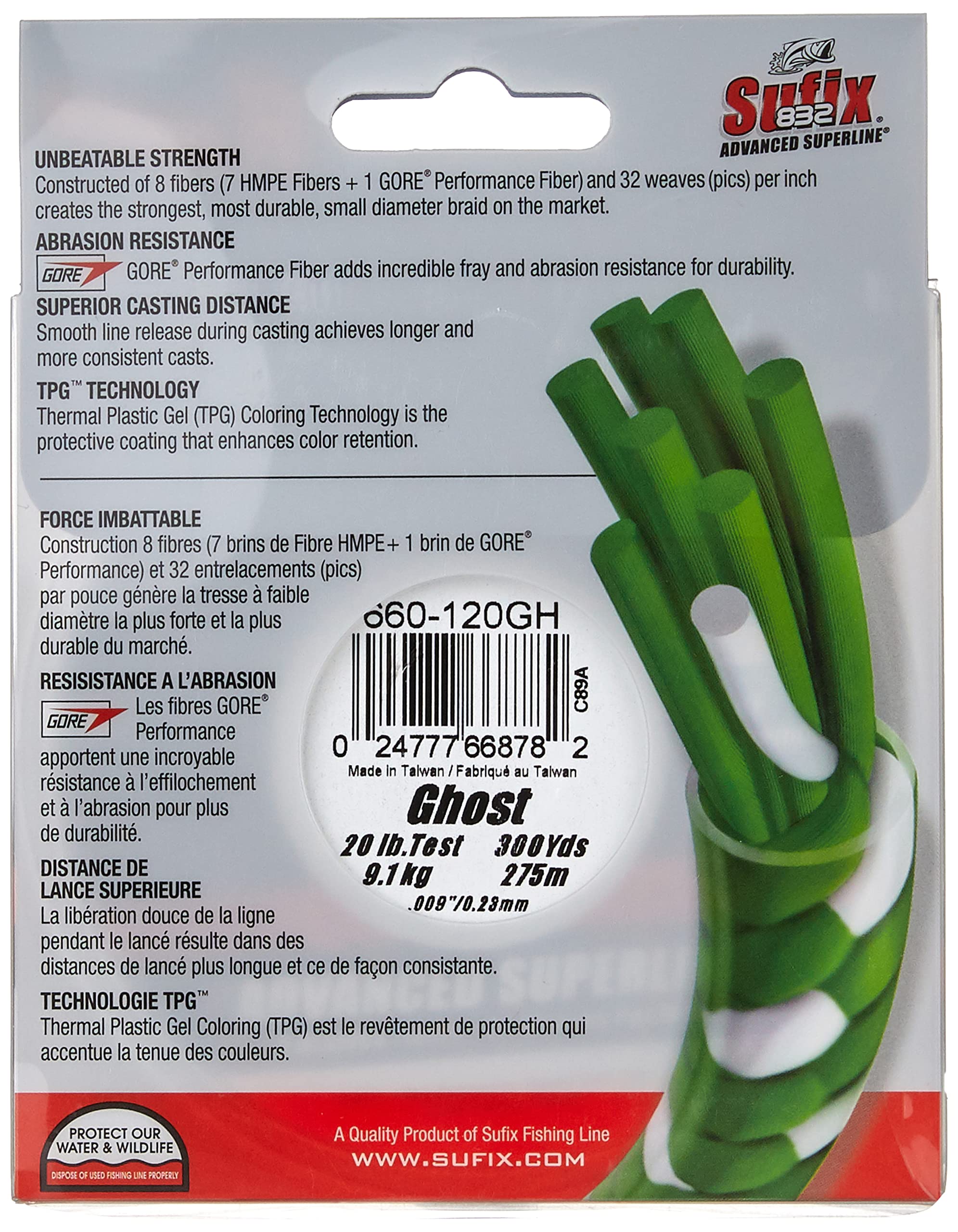 Sufix 832 Braid 20 lb Ghost 300 yards casting distance feature
