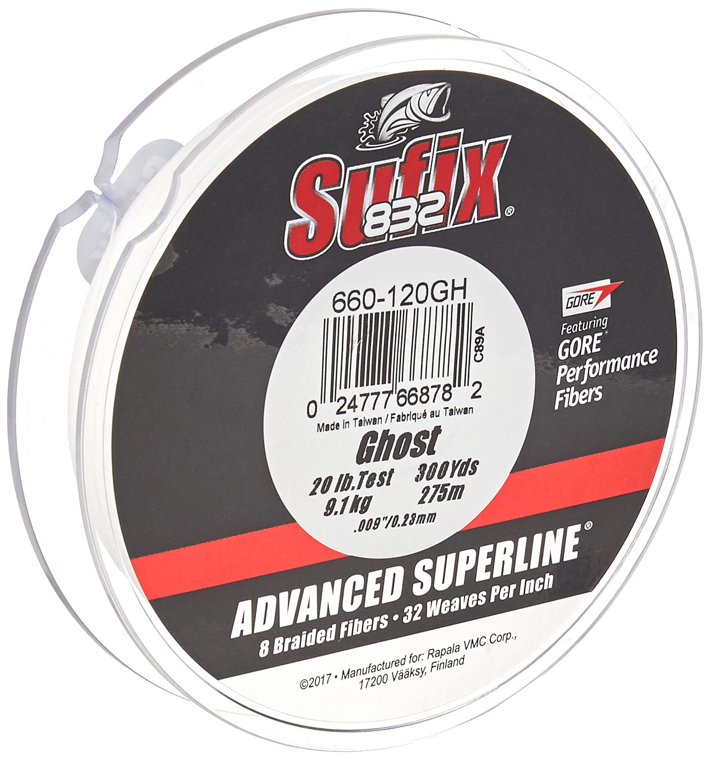 Sufix 832 Ghost braid on spool showing compact diameter for sensitivity and casting control.