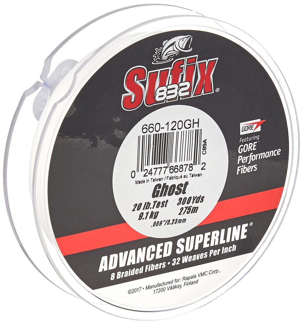 Sufix 832 Ghost braid on spool showing compact diameter for sensitivity and casting control.