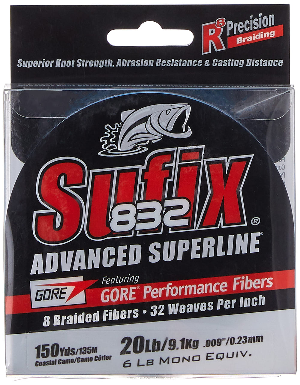 Close-up of Sufix 832 Braid Coastal Camo spool showing braid texture for sensitivity