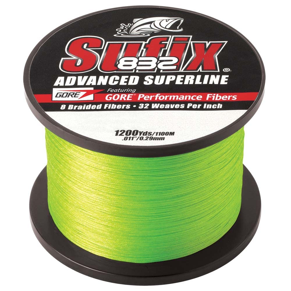 Sufix 832 neon lime braid line on a 1200-yard spool for visibility and strength.