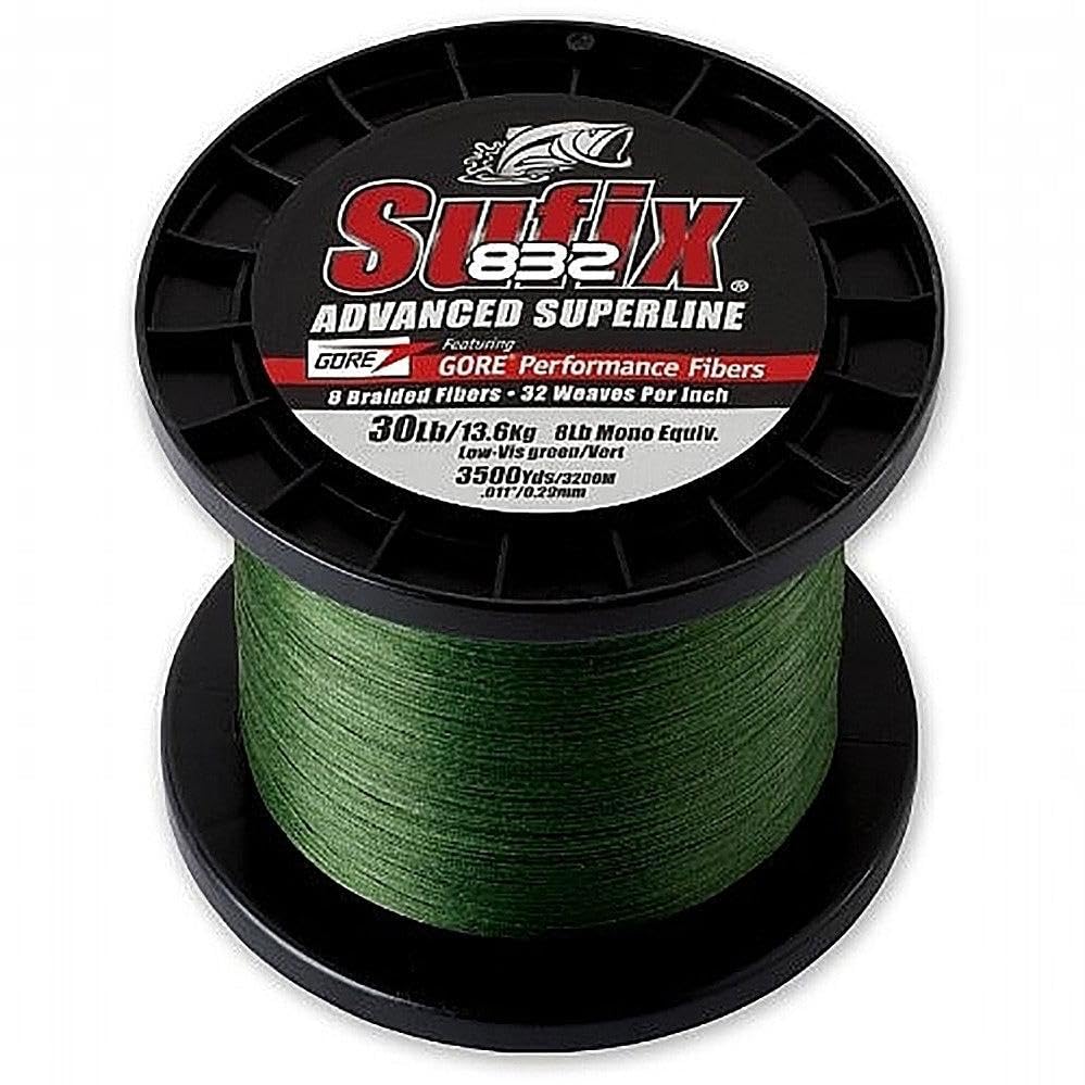 Sufix 832 neon lime braid line close-up showing vivid color on the spool.