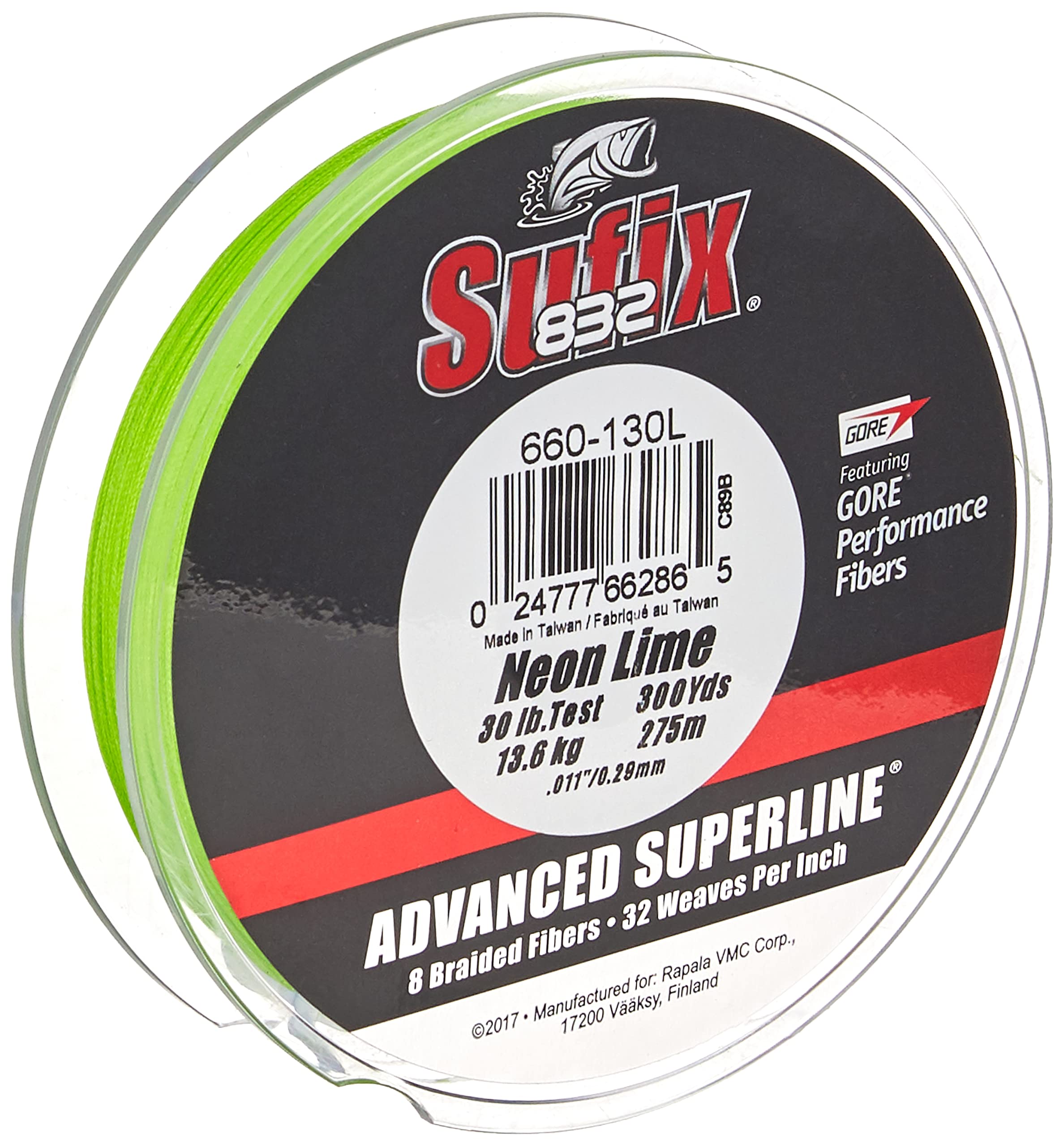Sufix 832 Neon Lime braid on a 300-yard spool for high visibility.
