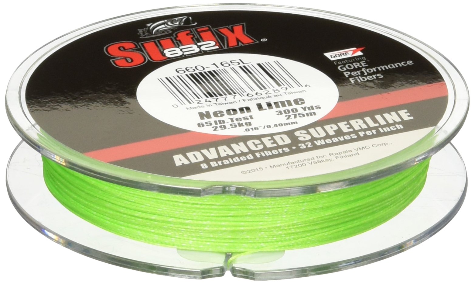 Sufix 832 Neon Lime braid spool showcasing 300 yards and durability.