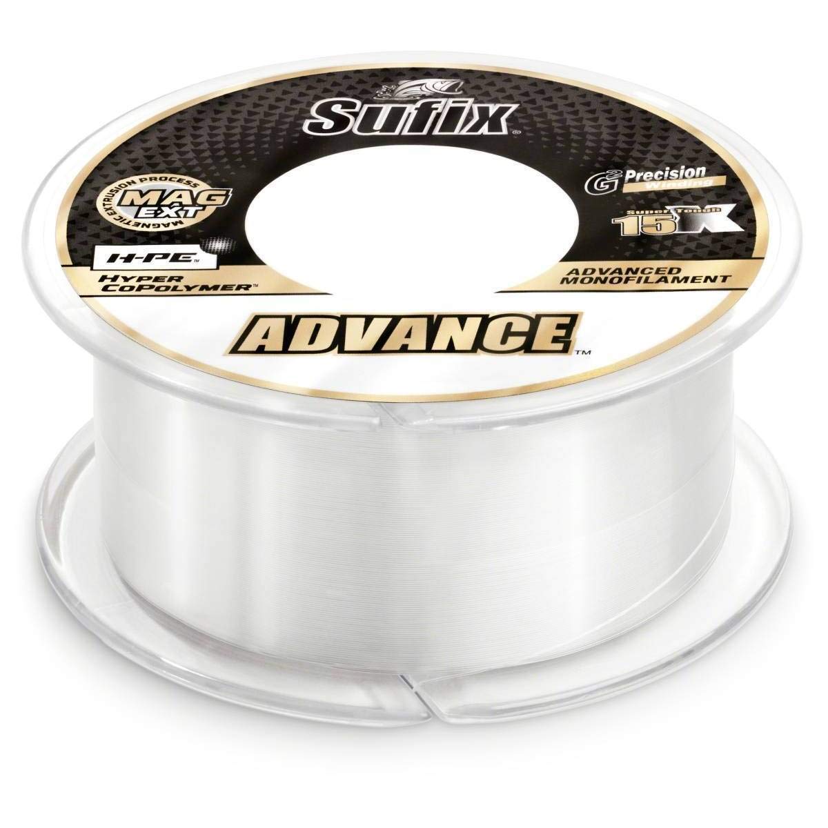 Close-up of Sufix Advance monofilament line showing 0.012-inch diameter, ideal for smooth casting.