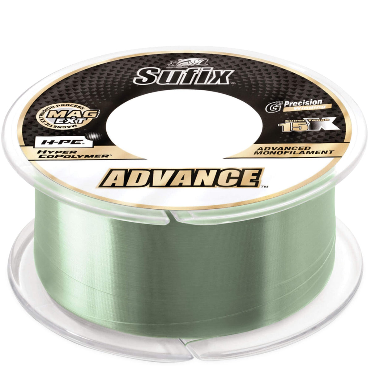 Sufix Advance monofilament line low vis green spool closeup highlighting abrasion resistance