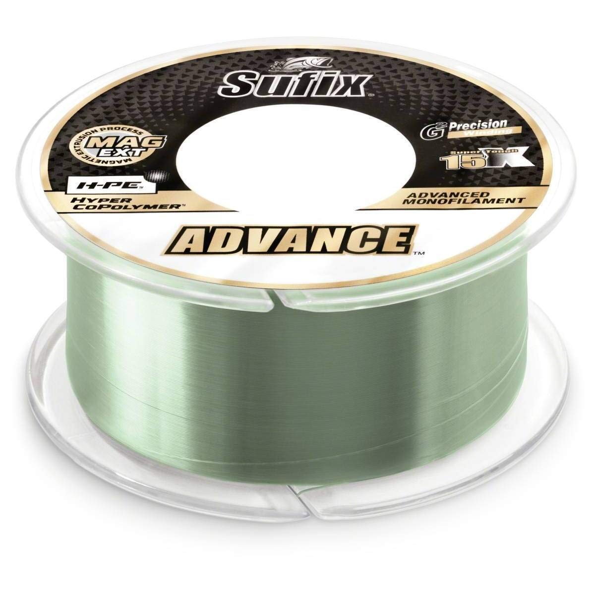 Sufix Advance monofilament line on a clear spool, highlighting enhanced sensitivity for fishing.