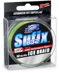 Angler above ice uses neon lime braid for high visibility and stealth below the surface