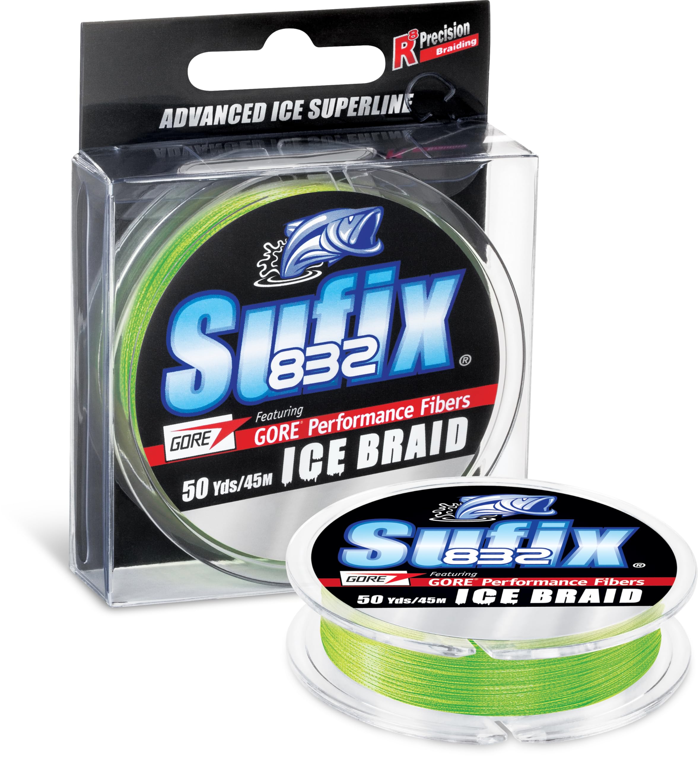 Sufix Advanced 832 Ice Braid close-up showing eight-fiber construction and neon lime visibility