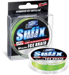 Sufix Advanced 832 Ice Braid close-up showing eight-fiber construction and neon lime visibility