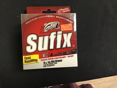 Sufix Elite 6 lb fishing line on green spool for precision casting.