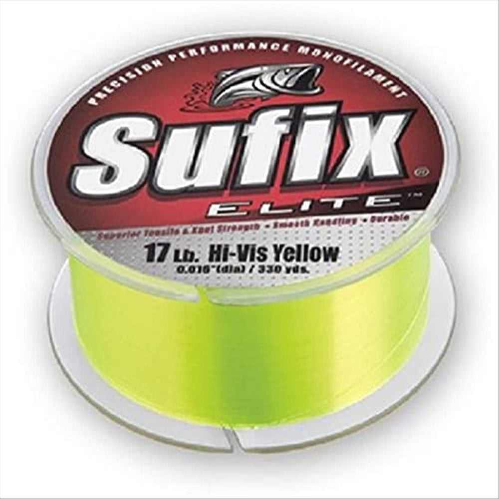 Sufix Elite 6 lb line on hi-vis yellow spool; enhances visibility and casting accuracy.