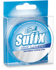 Sufix Ice Magic 100 yd spool clear close-up highlights smooth line.