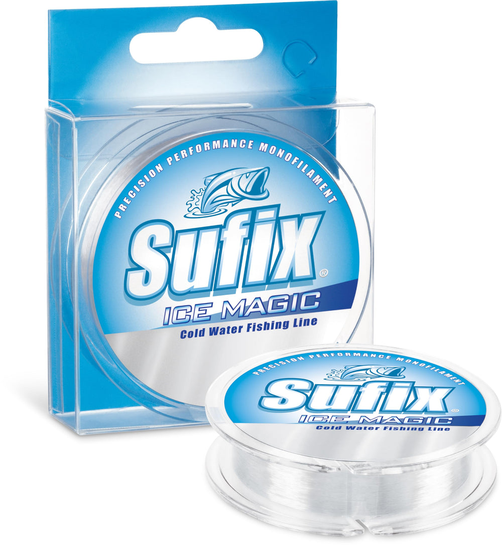 Sufix Ice Magic 100yd Clear spool ideal for ice fishing in freezing conditions.