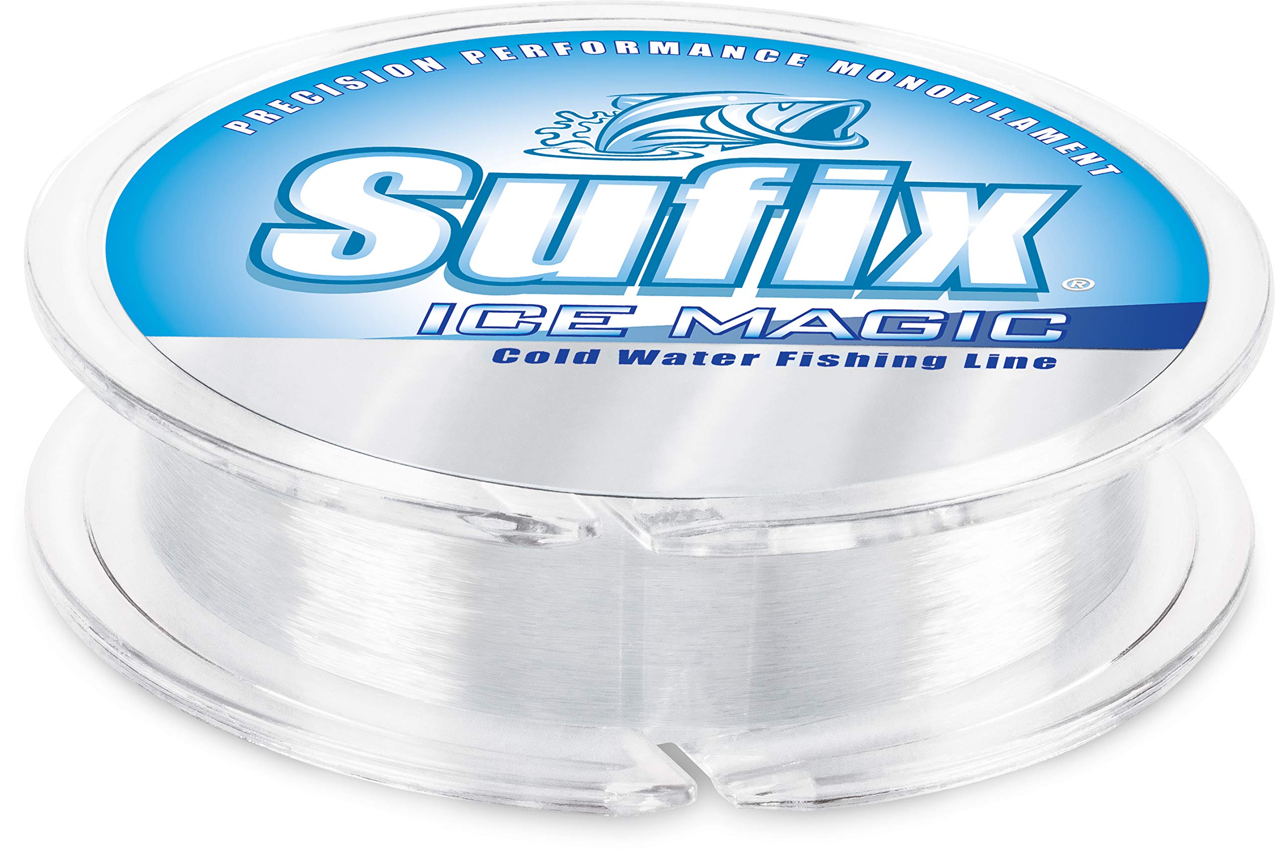 Sufix Ice Magic spool closeup clear—high-clarity line for easy handling in freezing weather.
