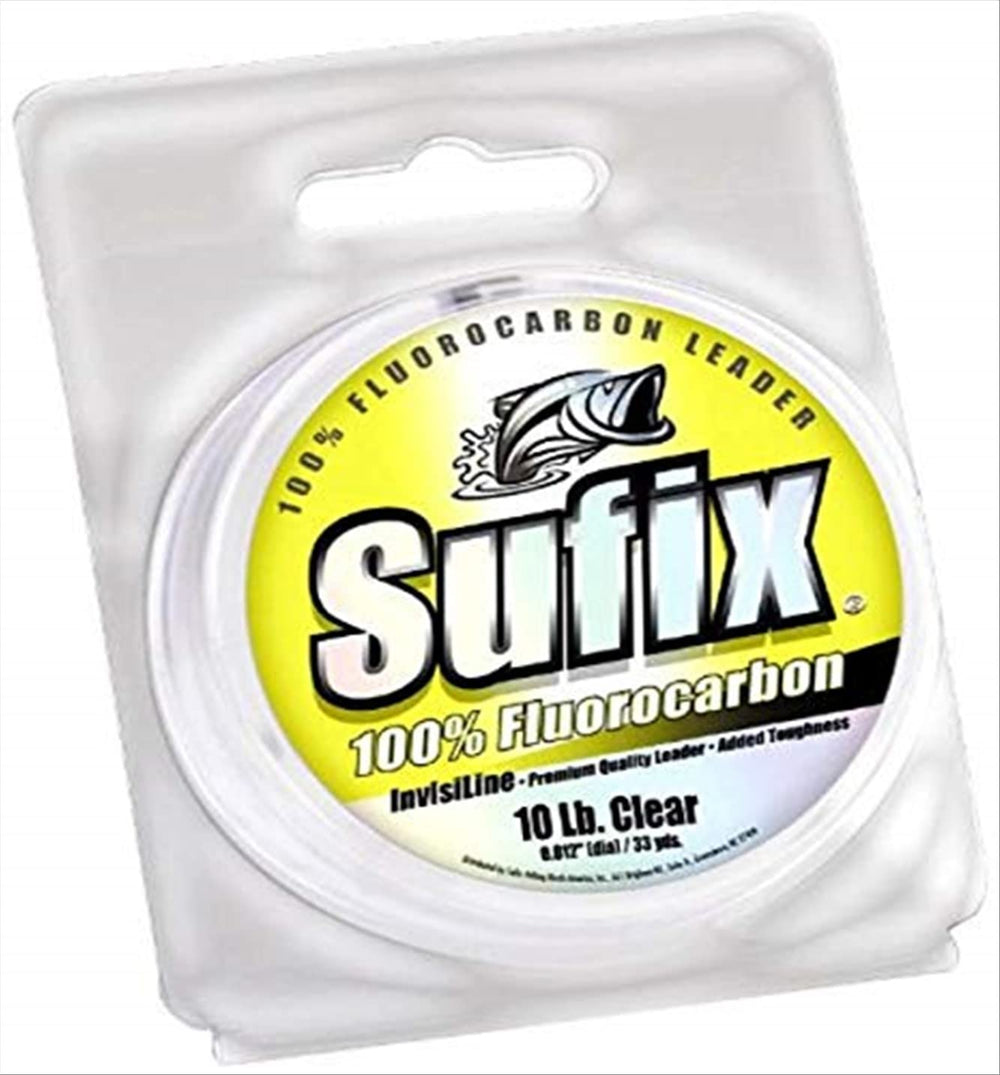 Sufix Invisiline fluorocarbon leader: crystal-clear visibility and strong shock resistance for reliable fishing.