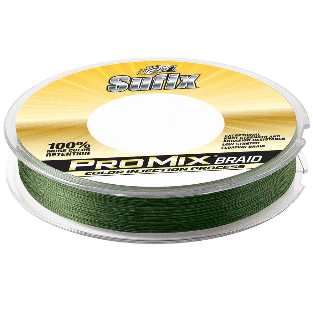 Sufix ProMix Braid 65 lb Low-Vis Green on spool for long casts and abrasion resistance