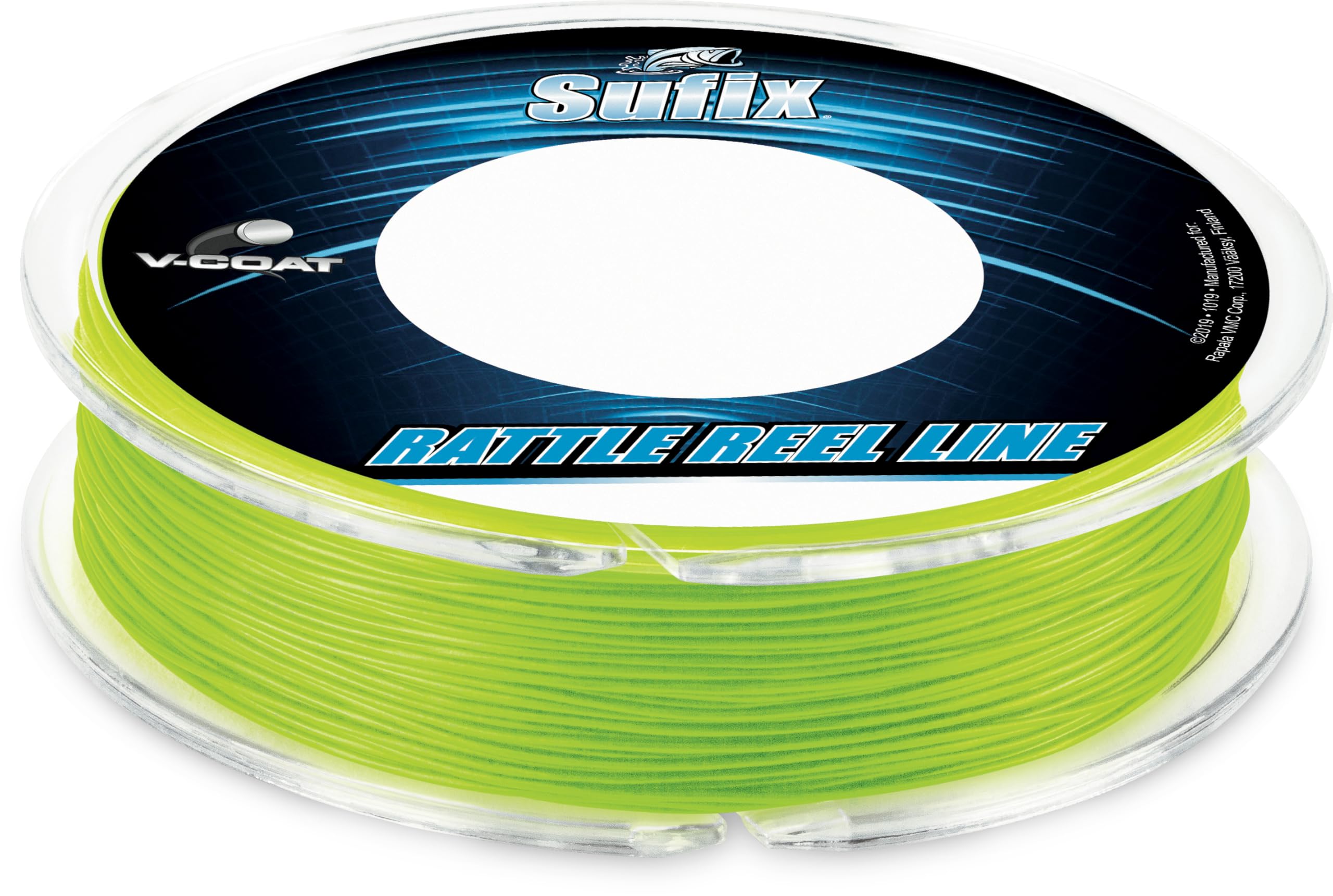 Sufix Rattle Reel V-Coat 20 lb neon lime close-up showing freeze-resistance for ice fishing.