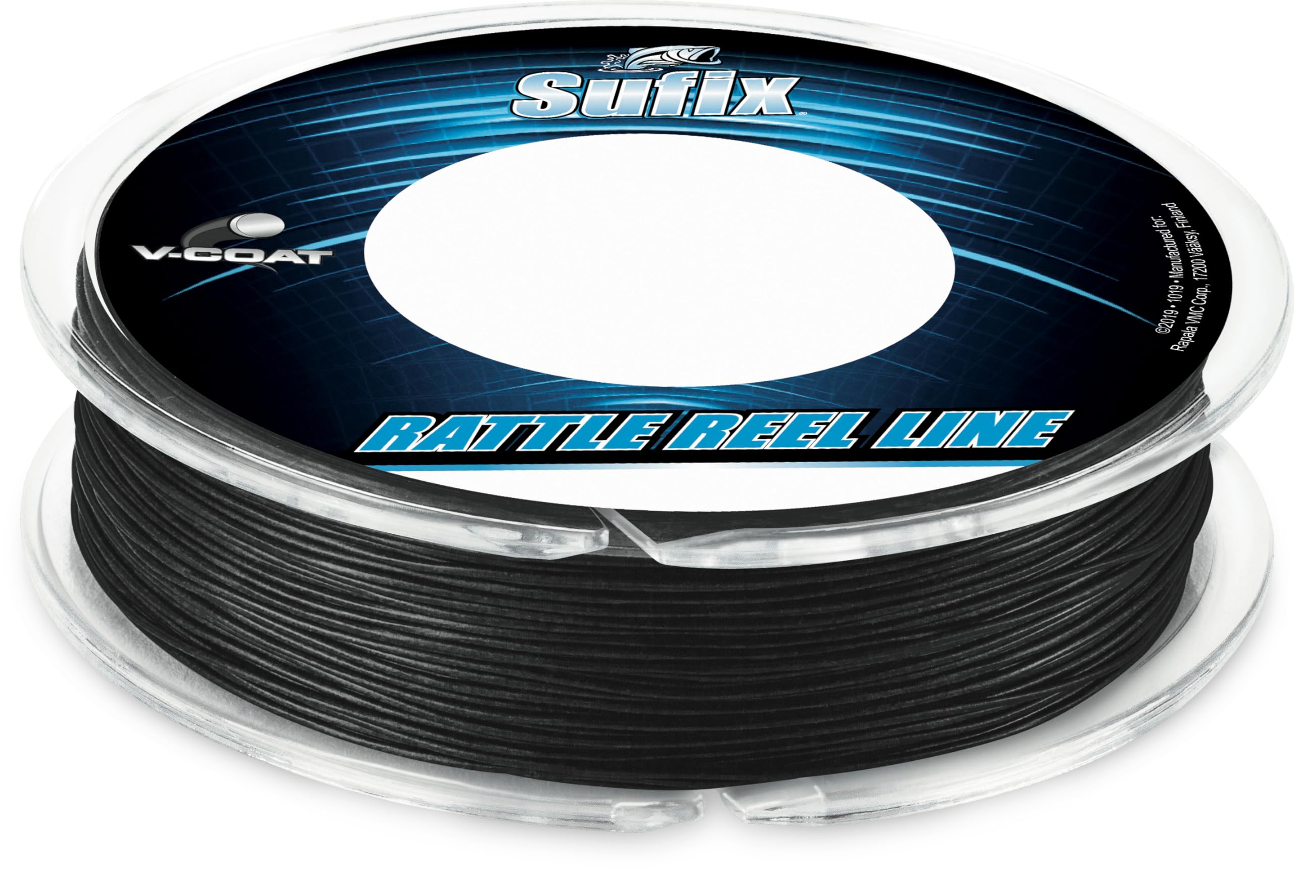 Sufix Rattle Reel V-Coat 30 lb Black spool with anti-freeze coating.