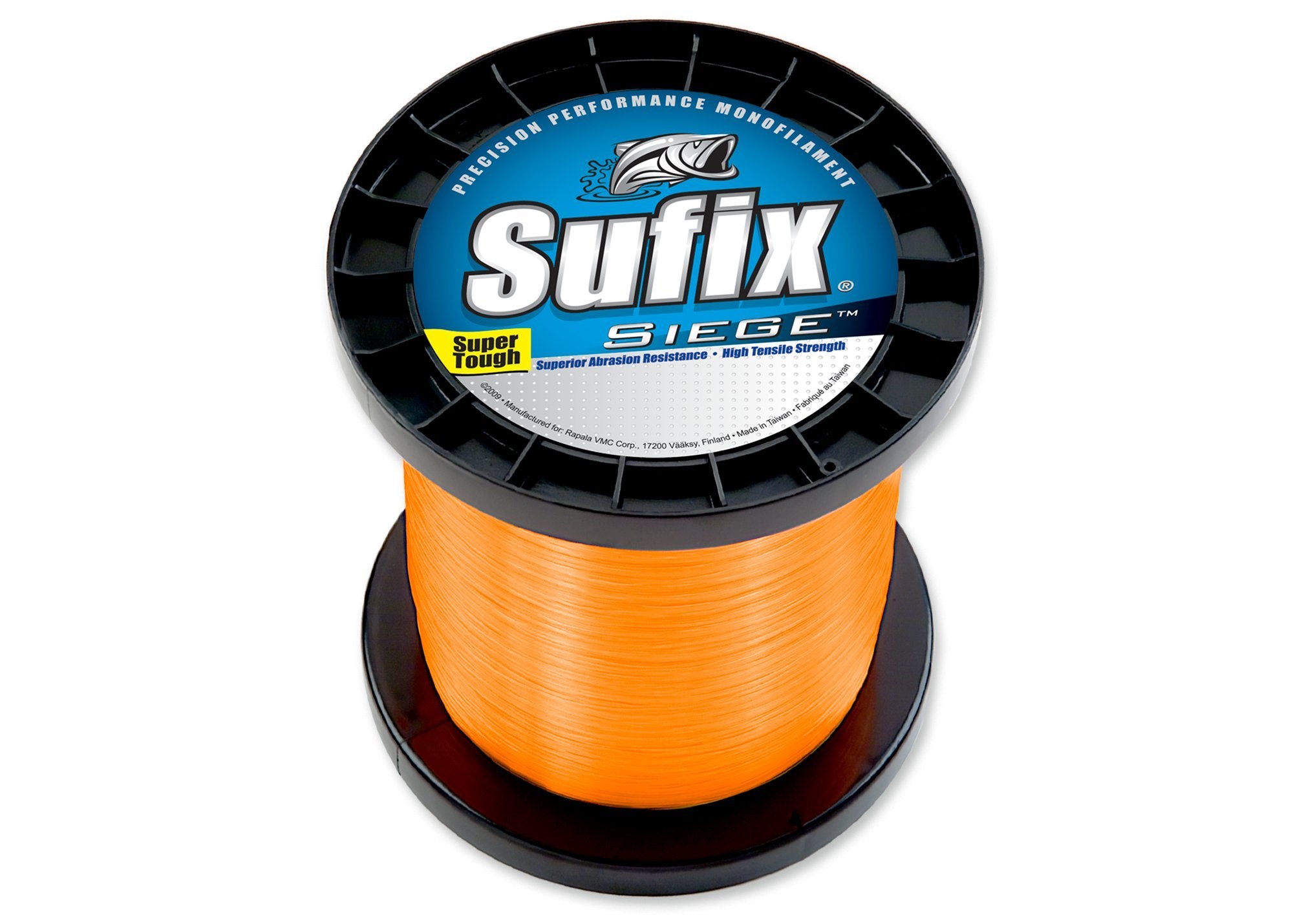 Sufix Siege 3000-yard Neon Tangerine spool highlighting durable, low-memory line for long casts.