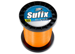 Sufix Siege 3000-yard Neon Tangerine spool highlighting durable, low-memory line for long casts.