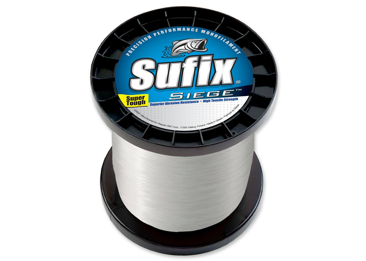Sufix Siege clear fishing line on a 330 yd spool highlights smooth handling and abrasion resistance.