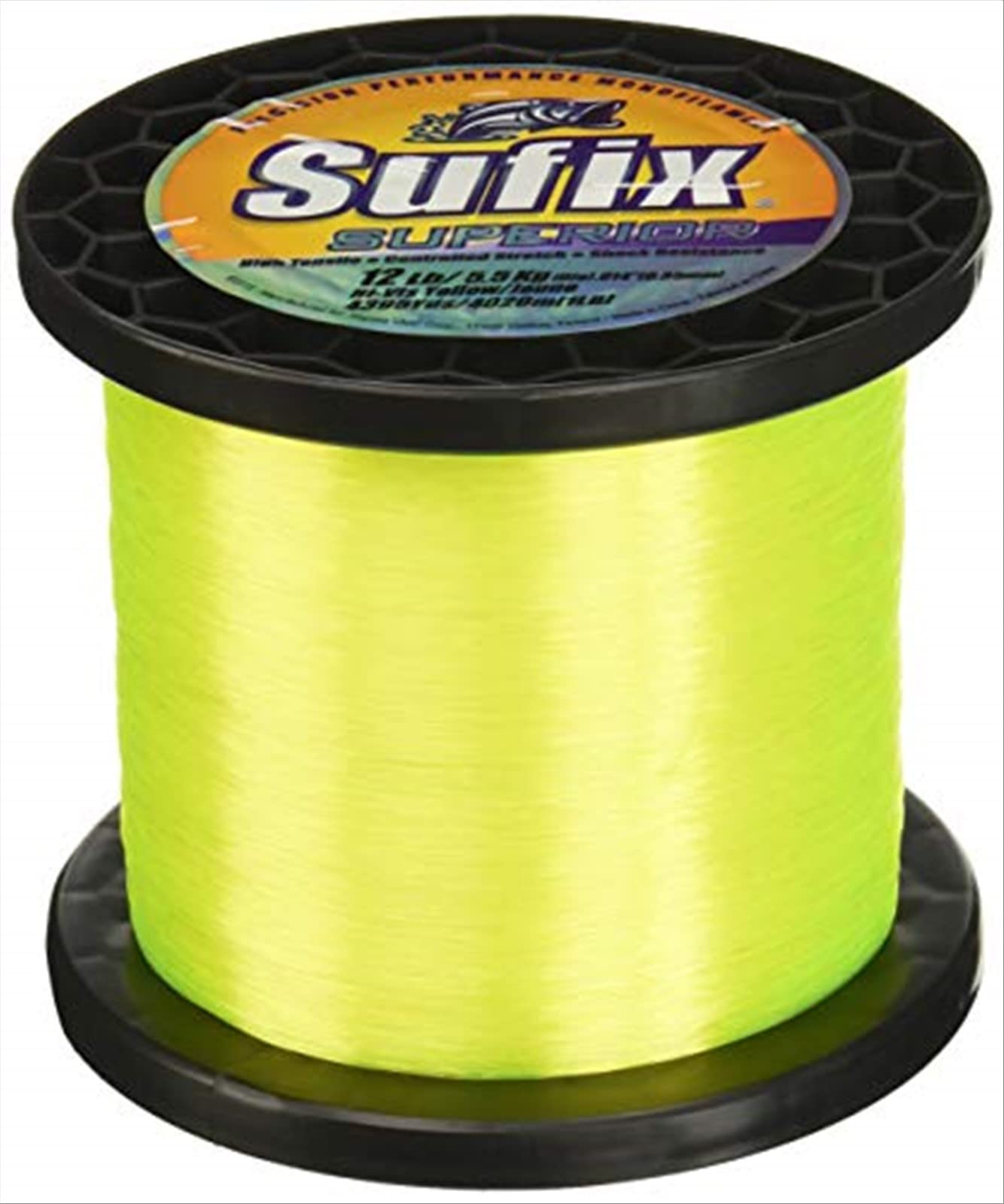 Sufix Superior 10 lb hi-vis yellow spool showcases strong, abrasion-resistant line for reliable hook setting.