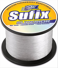 Sufix Superior 12 lb Clear fishing line on a spool, offering smooth casting in clear water.