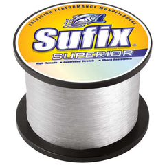 Sufix Superior 15 lb clear line spool offers strength and abrasion resistance.