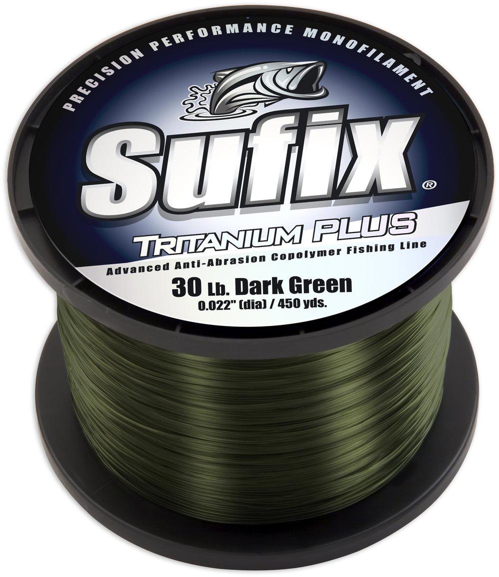 Sufix Tritanium Plus 8 lb dark green spool for long casts and abrasion resistance.